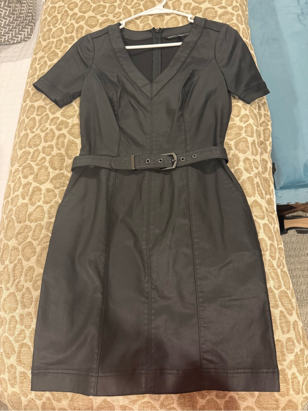 White House Black Market Black Faux Leather V-Neck Belted Mini Dress